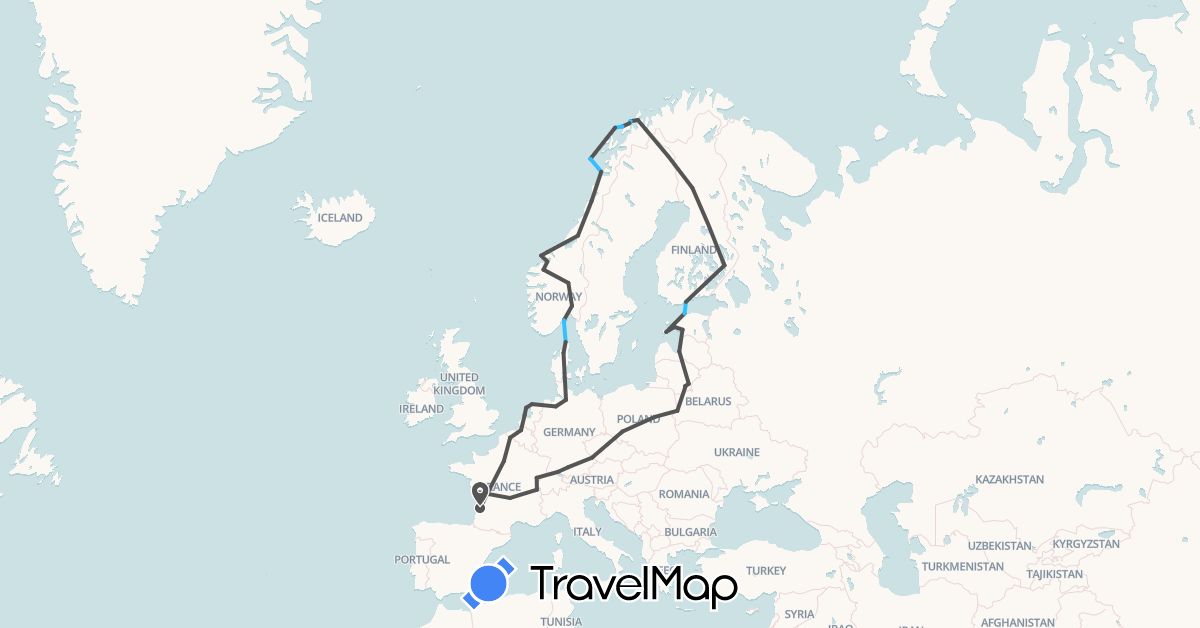 TravelMap itinerary: driving, boat, motorbike in Belgium, Germany, Denmark, Estonia, Finland, France, Lithuania, Latvia, Netherlands, Norway, Poland (Europe)